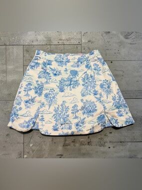 Blue Floral Toile Scalloped Mini Skirt